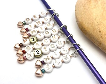 Instructional Knitting Abbreviation Stitch Markers - Rose Gold on White - Choose rings or clasps |k2tog ssk inc dec