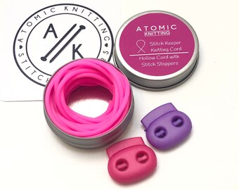 Stitch Keeper Holder Cord - Hot Pink Cord and Tin - to fit needles 2 - 4mm - CHOOSE LENGTH - with Knitting Stitch Stoppers | Atomic Knitting