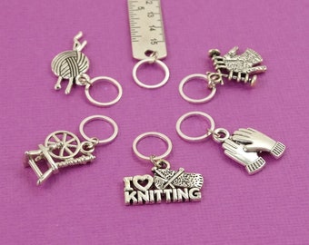 Knitting Theme Charm Stitch Marker Set - Choice of Rings, Clasps, Leverback | Atomic Knitting