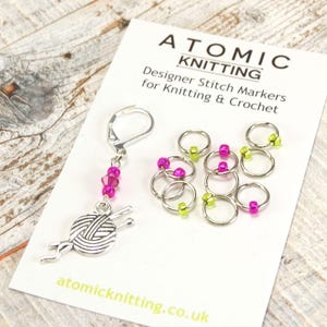 Minimal Knitting Stitch Markers: Pink & Lime Bead Ring Set - UK Made