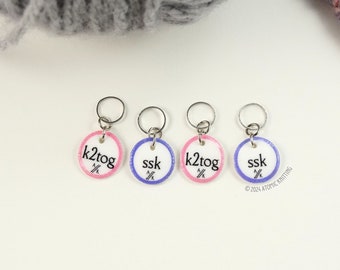 SSK & K2TOG knitting stitch marker discs with CHOICE of Rings, Clasps, Removable Latchback | Make Your Mark