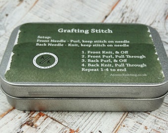 Grafting Stitch Instruction Tin in Watercolour Green | Deep Hinged Small Rectangular Aluminium Tin | Atomic Knitting