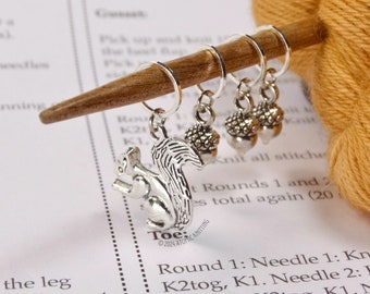 Silver Squirrel & Small Acorns Crochet Knitting Stitch Markers- MYM set of 4 | Atomic Knitting