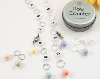 Pastels Row Counter Starter Set with Tin | 2 Row Counter Chains & 4 Stitch Markers | Minimal Repeat Section Numbered Knitting Chain 4mm 7mm