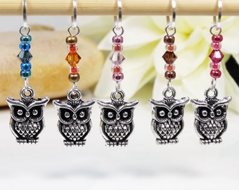 Stitch Markers Antiqued Silver Owl with crystal beads - Crochet Option Available - MYM set of 5 | Atomic Knitting