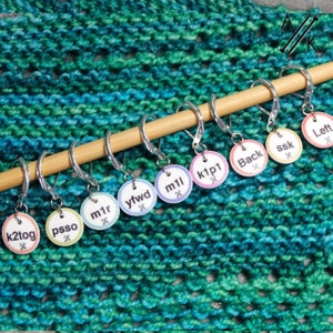 Instructional Stitch Markers in Coastal with CHOICE of Rings, Clasps, Removable ssk, k2tog, m1r, m1l image 1
