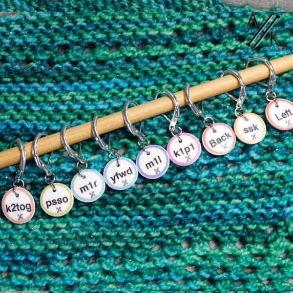 Instructional Stitch Markers in Coastal with CHOICE of Rings, Clasps, Removable | ssk, k2tog, m1r, m1l