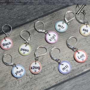 Instructional Stitch Markers in Coastal with CHOICE of Rings, Clasps, Removable ssk, k2tog, m1r, m1l image 2