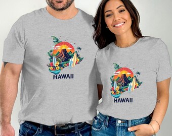 Vintage Hawaii Surfing T-Shirt, Hawaiian Sunset T-Shirt, Tropical Beach Print Tee, Surfboard Graphic Shirt, Aloha Summer Tee