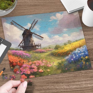 Colorful Flower Field and Windmill Landscape Puzzle, Scenic Nature Jigsaw, Relaxing Family Activity, 252 Pieces