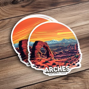 Pegatina del Parque Nacional Arches, regalo para amantes de la naturaleza, colección de parques nacionales, decoración de aventuras, regalo para entusiastas de las actividades al aire libre, arte paisajístico