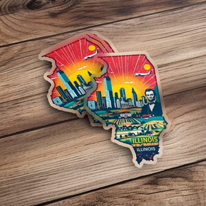 Retro Illinois State Sticker, Skyline Vinyl Decal, Travel Souvenir, Illinois Map Art, Abraham Lincoln Sticker, Chicago Landmark Decal