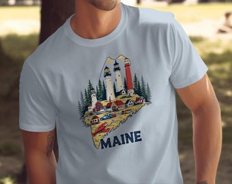 Maine Lighthouse Graphic T-Shirt, Coastal Maine Lobster Tee, Vintage Maine Adventure Shirt, Casual Maine Vacation T-Shirt