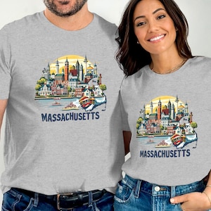 Massachusetts Cityscape Graphic Tee, Unique Massachusetts Souvenir Shirt, Scenic Massachusetts Shirt, Boston Themed T-Shirt, Travel Gift