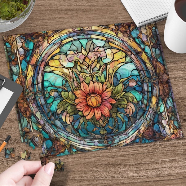 Colorful Stained Glass Floral Design Jigsaw Puzzle, Artistic Home Decor, Unique Gift Idea, Vibrant Flower Pattern