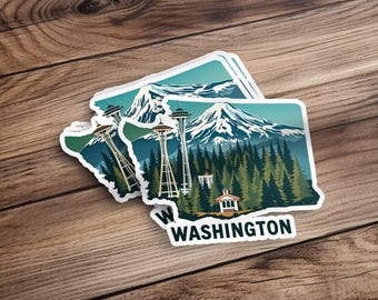 Pacchetto adesivi dello stato di Washington, decalcomania in vinile Pacific Northwest, adesivi Seattle Space Needle, set di adesivi Adventure Nature
