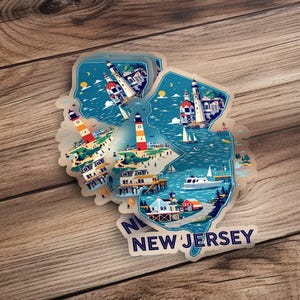 New Jersey map sticker, travel souvenir decal, state landmark stickers, vinyl waterproof New Jersey sticker, unique NJ sticker