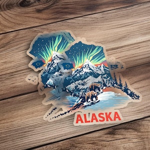 Alaska adventure sticker, Northern Lights Alaska decal, mountain bear Alaska sticker, scenic Alaska outdoor sticker, Alaska souvenir gift