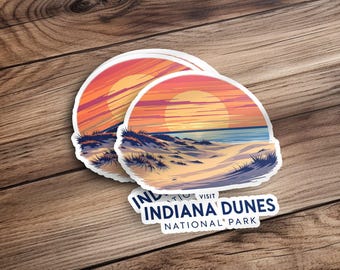 Retro zonsondergang Indiana Dunes sticker, bezoek Indiana Dunes National Park sticker, natuurliefhebber cadeau, schilderachtig strand landschap sticker