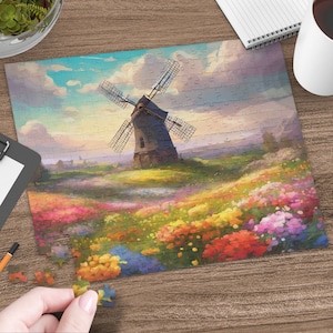 Scenic Windmill and Flower Fields Jigsaw Puzzle, 252 Pieces, Vibrant Landscape Puzzle for Adults and Kids