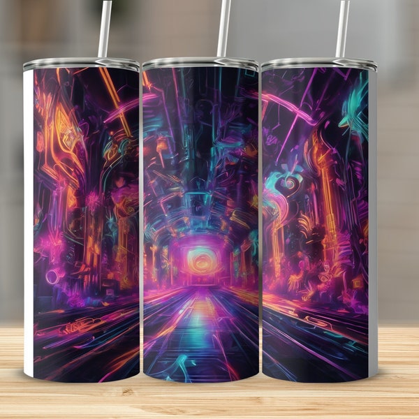 Colorful Cyberpunk Cityscape Tumbler, Neon Urban Art, Futuristic Street Scene Insulated Drinkware