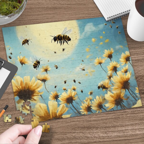 Sunny Bee and Yellow Flower Jigsaw Puzzle, Nature Themed Puzzle Game, Family-Friendly Activity, 252 Pieces