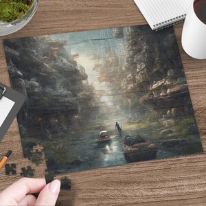 Futuristic Cityscape Jigsaw Puzzle, Fantasy Art River Scene, High Detail Illustration Puzzle