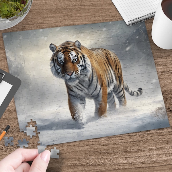 Majestic Tiger in Snow Jigsaw Puzzle, Winter Wildlife Animal Puzzle, Home Decor, Educational Toy, Family Fun Activity, 252 Pieces