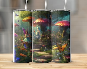 Vaso ilustrado de hadas y elfos del bosque encantado, jardín de hongos mágicos, bebidas de arte de fantasía