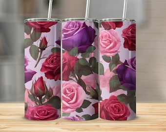 Gobelet floral, design roses violettes et rouges, élégant gobelet isotherme rose, cadeau parfait pour les amateurs de fleurs