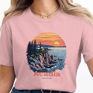 Acadia National Park T-Shirt, Vintage Acadia Tee, Sunset Coastal Graphic, Nature Lover Gift, Lighthouse Design Shirt, Maine Top