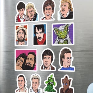 May include: A collection of colorful stickers featuring pop culture characters. The stickers are of various sizes and shapes, with a white border. The characters include actors and creatures from movies and television shows.
