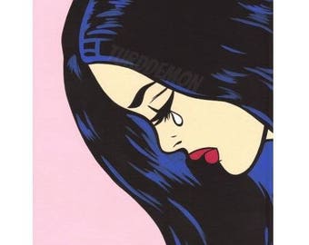 Black Hair Crying Comic Girl Original Painting