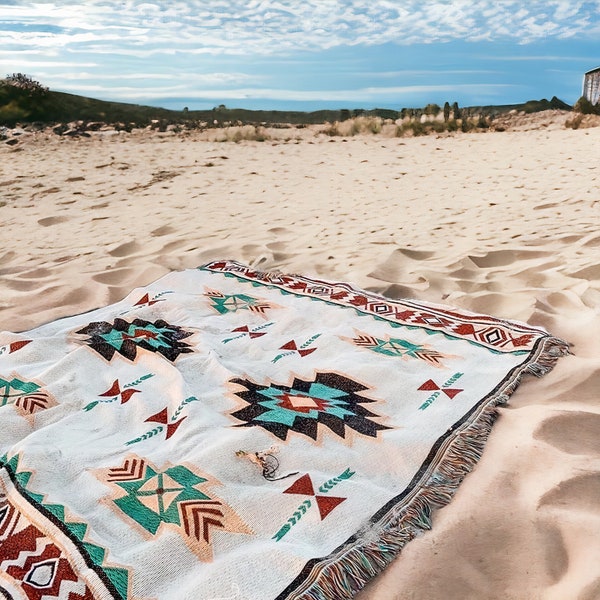 Ethnic Bohemian Mexico Blanket - Outdoor Beach Picnic Blanket - Striped Boho Linen Bed Throw - Plaid Sofa Mat - Travel Rug with Tassels