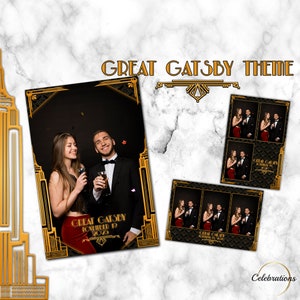 May include: A photo booth backdrop with a Great Gatsby theme. The backdrop is black with gold accents and features a cityscape design. The text "Great Gatsby" and "November 19, 2020" is printed on the backdrop.