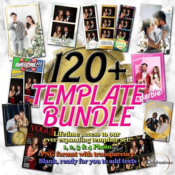 Huge 120+ Template bundle set, Photo-booth Templates, weddings, events, parties and more! Lifetime access to an ever expanding selection!