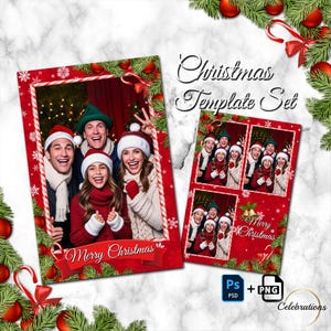 May include: A red and white Christmas photo booth template with a festive design. The template features a red background with snowflakes, candy canes, and holly. The text "Merry Christmas" is written in a white banner at the bottom of the template. The template is designed for use with a photo booth and includes a space for a photo.