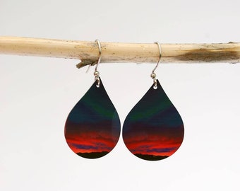 Northern lights earrings aurora sky with red clouds