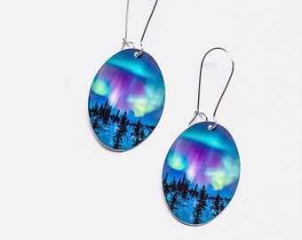 Northern light ovals, aurora earrings, sublimated Aurora Borealis, lightweight wearable