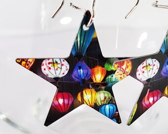 Star shaped, lantern image, multicolored, Hoi An inspired, wearable art, lightweight, lead nickel free, kidney wires, Judy Matechuk,