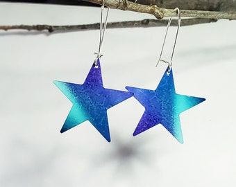 Northern lights, blue turquoise, star shape, Yukon Alaska, unique earrings, light weight, free ship Canada, night sky, lead nickel free,