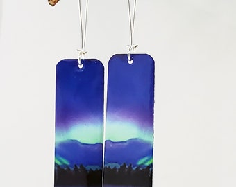 Northern Lights earrings, Yukon Aurora, purple pink green, lightweight, celestial sky, lead nickel free, free shipping, gift under 30