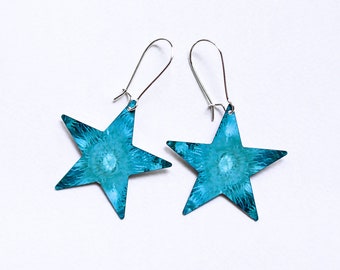 Star shaped starfish teal earrings kidney wires underwater scene lead free nickel free unique lightweight