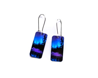 Northern Lights Reflection Earrings, Blue Purple, trees aurora, silver tone, kidney wires