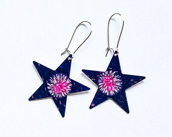 Star earrings red and navy , pyrotechnic celebration, sterling silver kidney wires, multicolored fireworks