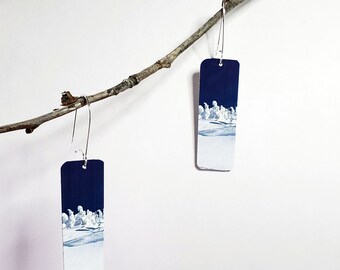 Snow Ghost earrings, Winter wonder, Nature sculpture, Navy and White, free shipping, JudyMatechuk, Canada, gift under 30