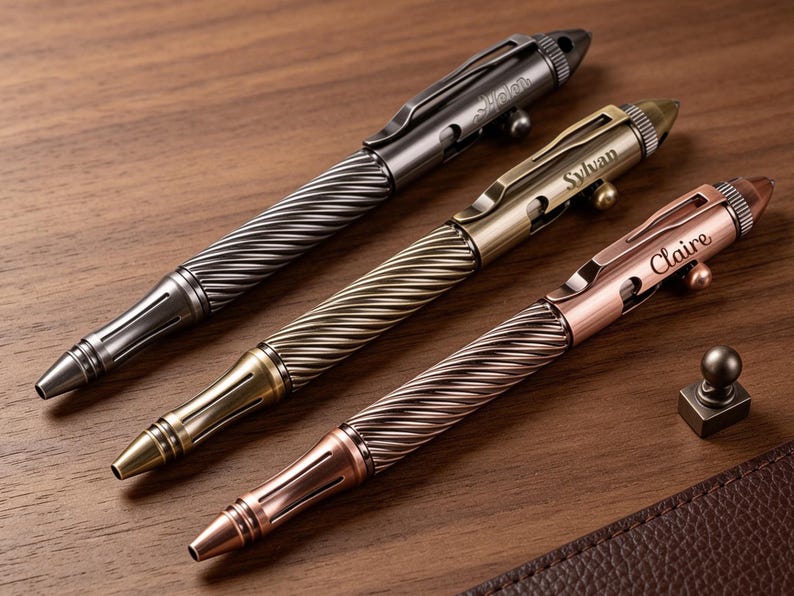 May include: Three metal pens with a twisted spiral grip and a bolt-action mechanism. The pens are finished in gunmetal, brass, and copper tones. Each pen features a personalized name engraved on the clip area: Helen, Sylvan, and Claire.