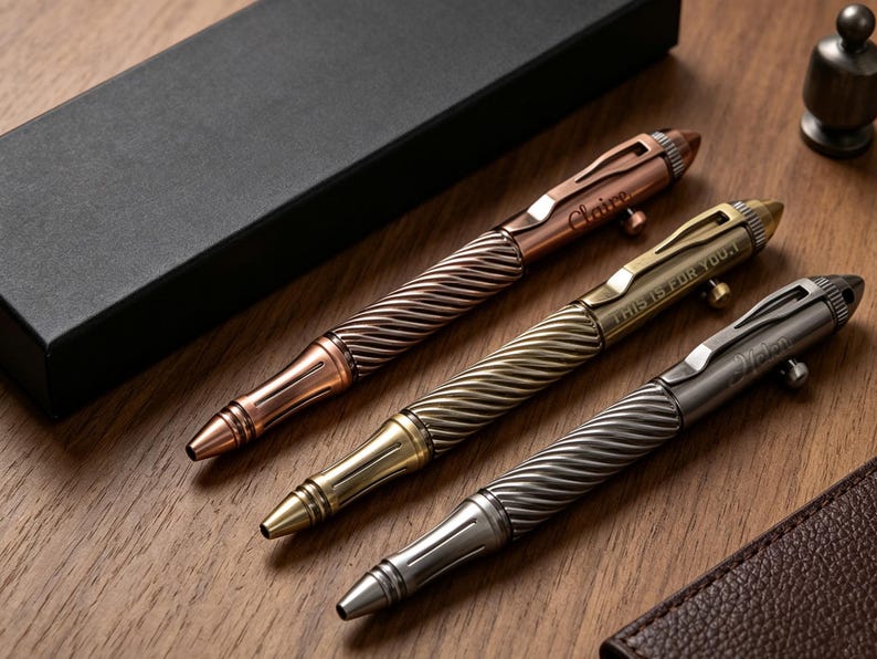 May include: Three metal bolt-action pens in copper, brass, and gunmetal finishes. Each pen features a textured, twisted barrel design, a pocket clip, and a side bolt mechanism. The brass pen is engraved with the text THIS IS FOR YOU.