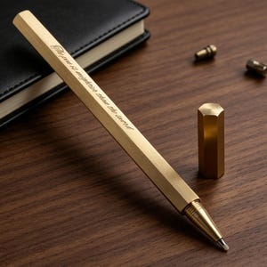 May include: A hexagonal brass pen with a metallic finish, featuring the engraved text "The pen is mightier than the sword" in a cursive script. The pen is shown with its matching hexagonal cap removed, revealing the tip and internal threading.