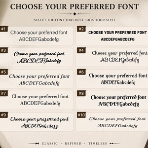 May include: A font selection chart featuring the heading CHOOSE YOUR PREFERRED FONT and SELECT THE FONT THAT BEST SUITS YOUR STYLE. Ten numbered options display the text Choose your preferred font and the alphabet in various typefaces.